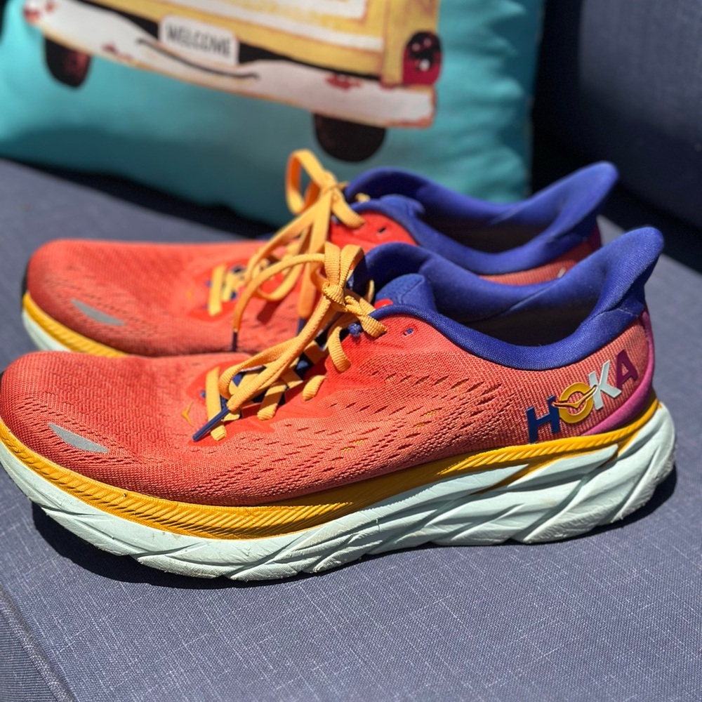 Hoka Vibrant Orange and Blue Athletic Shoes